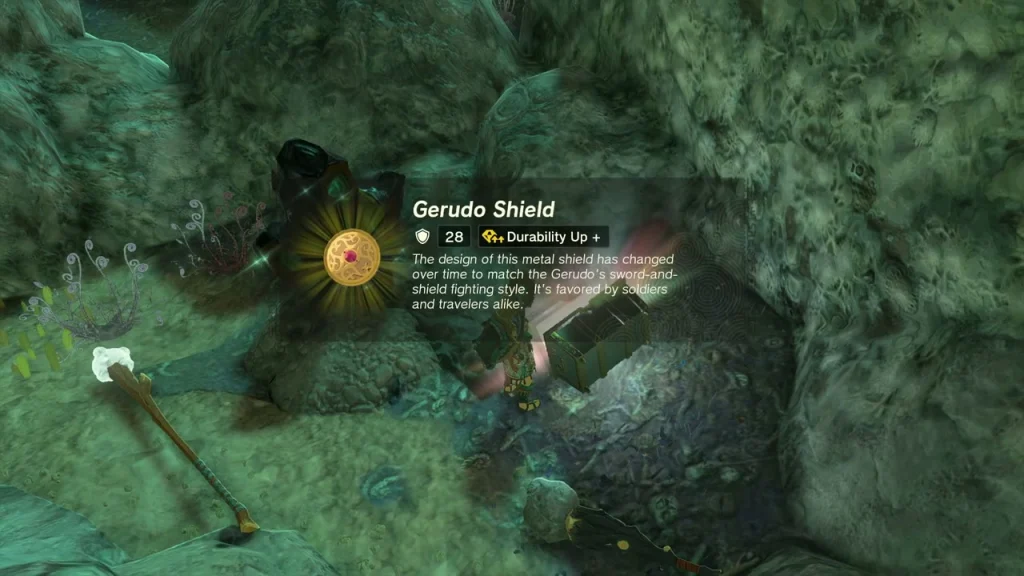 Gerudo Shield item box over a chest in a dark cavern hollow Gerudo Shield item box over a chest in a dark cavern hollow