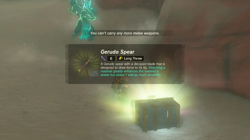 Gerudo Spear item box over a glowing chest on a snowfield Gerudo Spear item box over a glowing chest on a snowfield