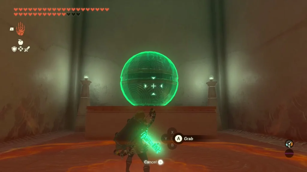 Large stone ball highlighted for Ultrahand beside a molten floor Large stone ball highlighted for Ultrahand beside a molten floor