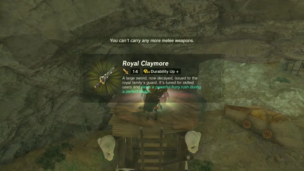 Royal Claymore item box over a chest on a wooden camp platform Royal Claymore item box over a chest on a wooden camp platform