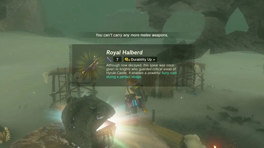 Royal Halberd item box over a chest beside a wooden lookout Royal Halberd item box over a chest beside a wooden lookout