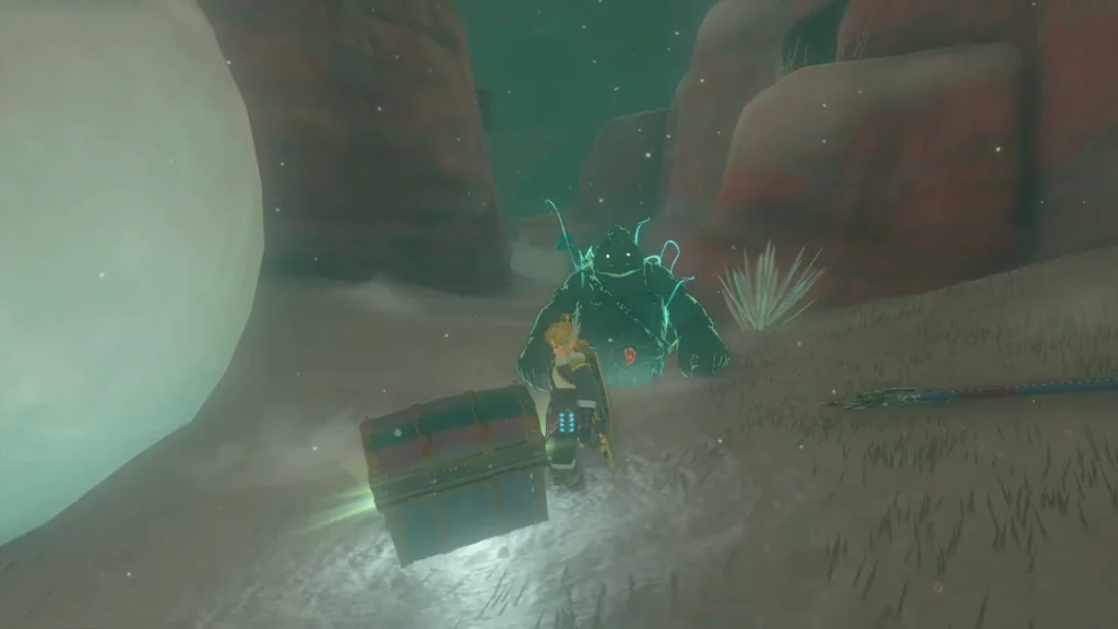 Gerudo Shield item box over a chest in a dark hollow Gerudo Shield item box over a chest in a dark hollow