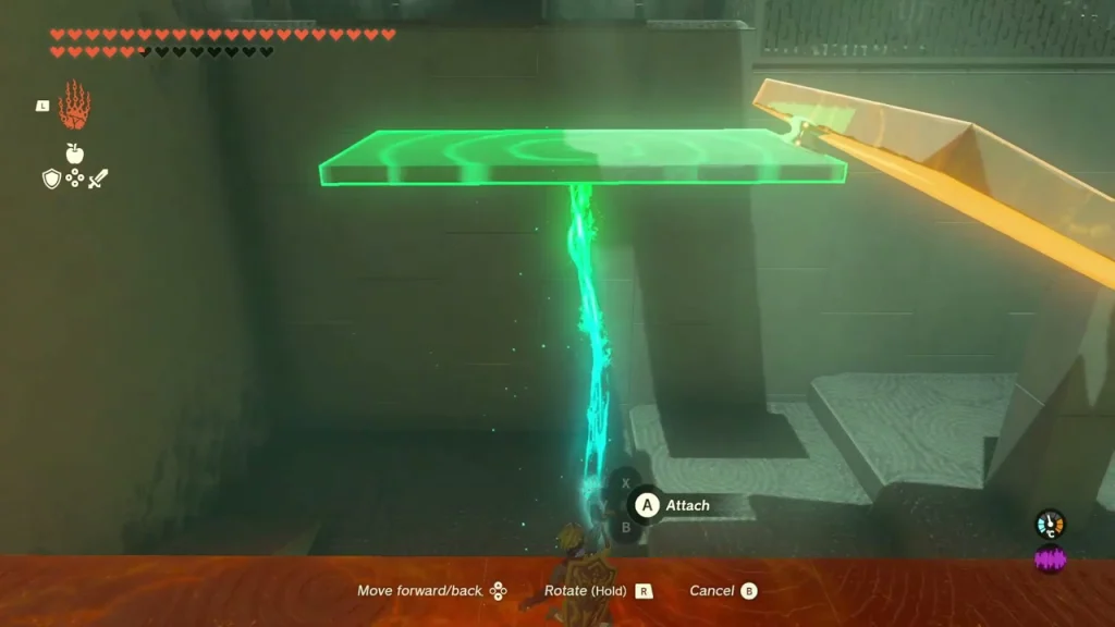 Green plank held above a tilted ramp with a prompt to attach Green plank held above a tilted ramp with a prompt to attach