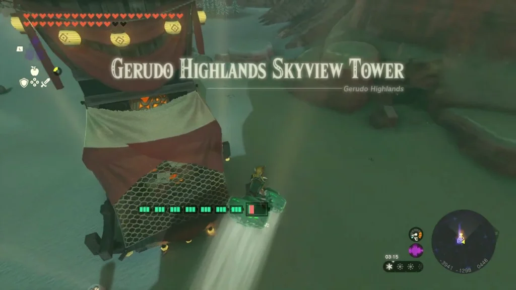 Gerudo Highlands Skyview Tower rising from a snowy plateau under searchlight beams Gerudo Highlands Skyview Tower rising from a snowy plateau under searchlight beams