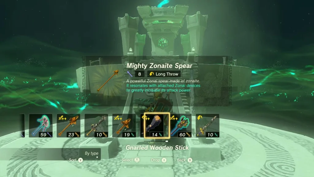 Mighty Zonaite Spear card above the shrine chest