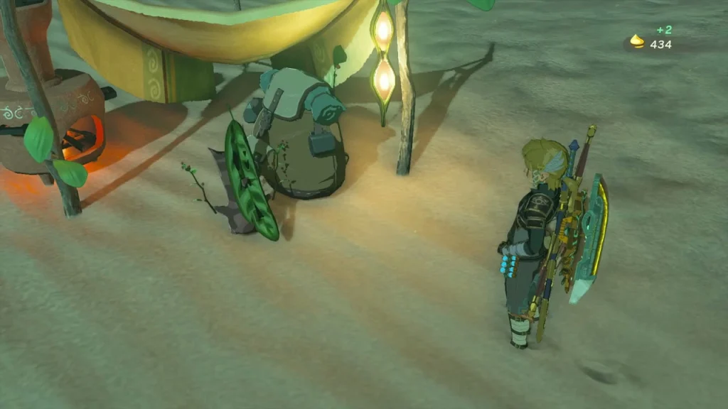 Korok Seed card next to a Korok under a canopy