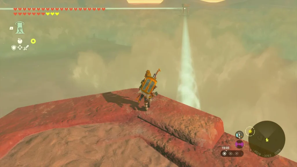 Standing on a red pillar summit beside a rising light beam
