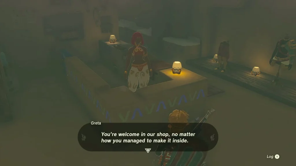 Gerudo Secret Club shop counter with the shopkeeper Greta