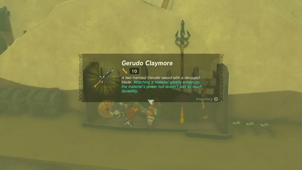 Gerudo Claymore item card beside a weapon rack