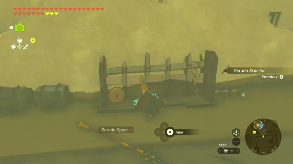 Gerudo Scimitar lying on a weapon rack by the gate