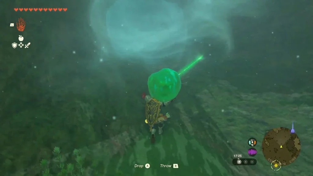 Green shrine crystal held on a beam of light while crossing the swamp toward Pupunke Shrine