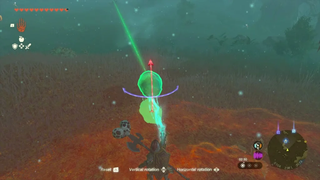 Green shrine crystal lifted with Ultrahand beside the fog-covered Lost Woods path