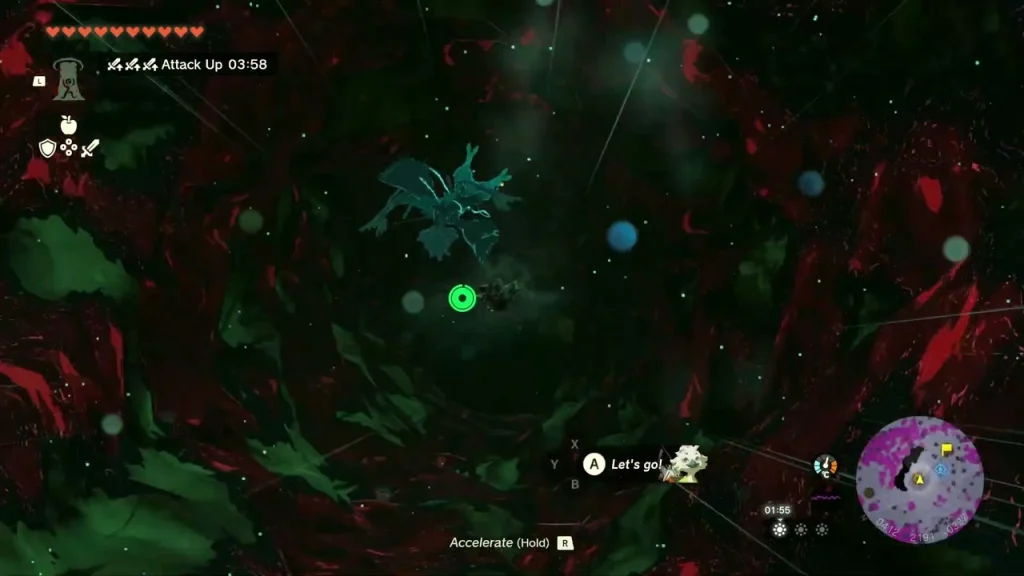 Gloom-choked Deku Tree Chasm seen from above while diving toward the Depths grove below