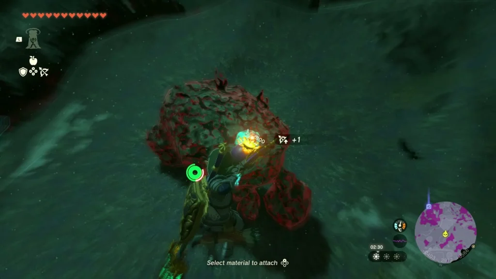 Stone Talus in the Depths covered in gloom with a glowing green weak point on its body