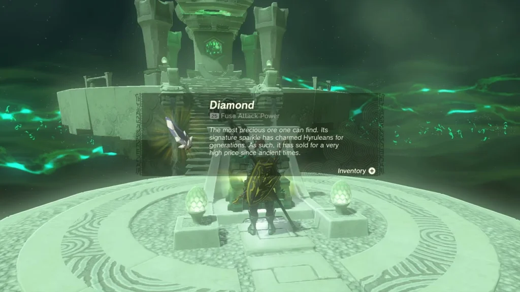 Diamond item box over the opened chest at the top of the Sakunbomar Shrine steps