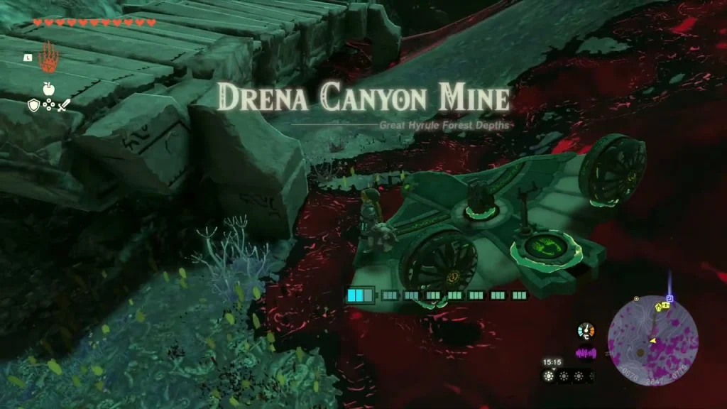 Drena Canyon Mine area banner above a Zonai cart on a plank over gloom-covered ground