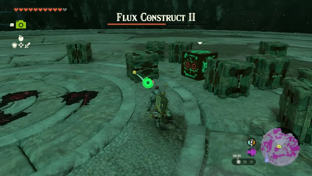 Flux Construct II boss bar over a circular arena of scattered stone blocks in the Depths