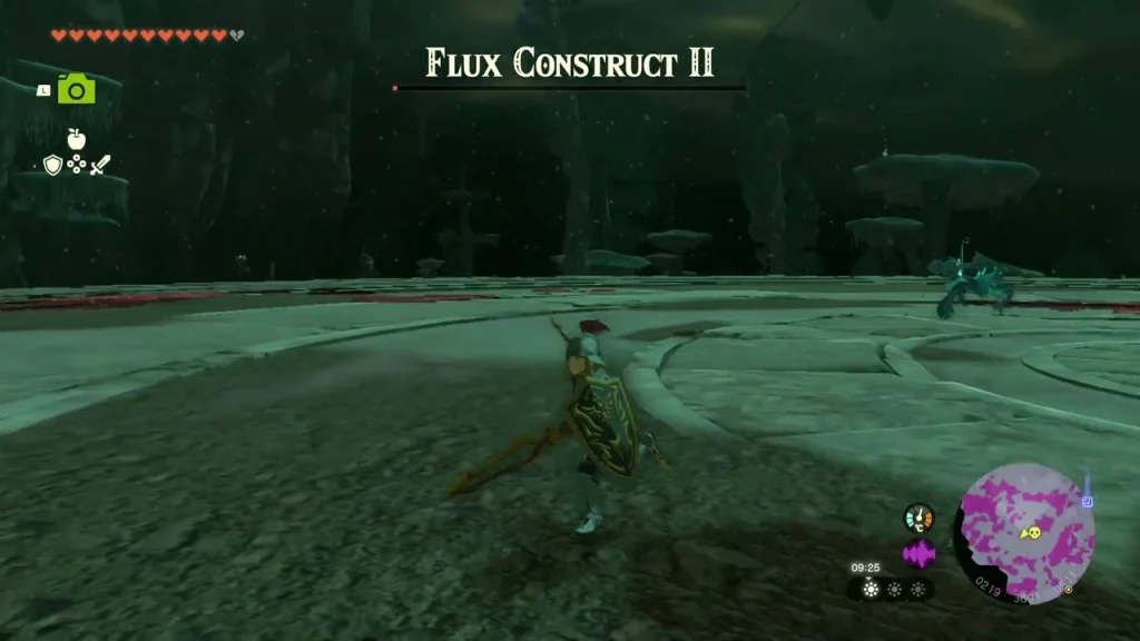 Flux Construct II fight with its bar overhead and the Depths arena floor ahead