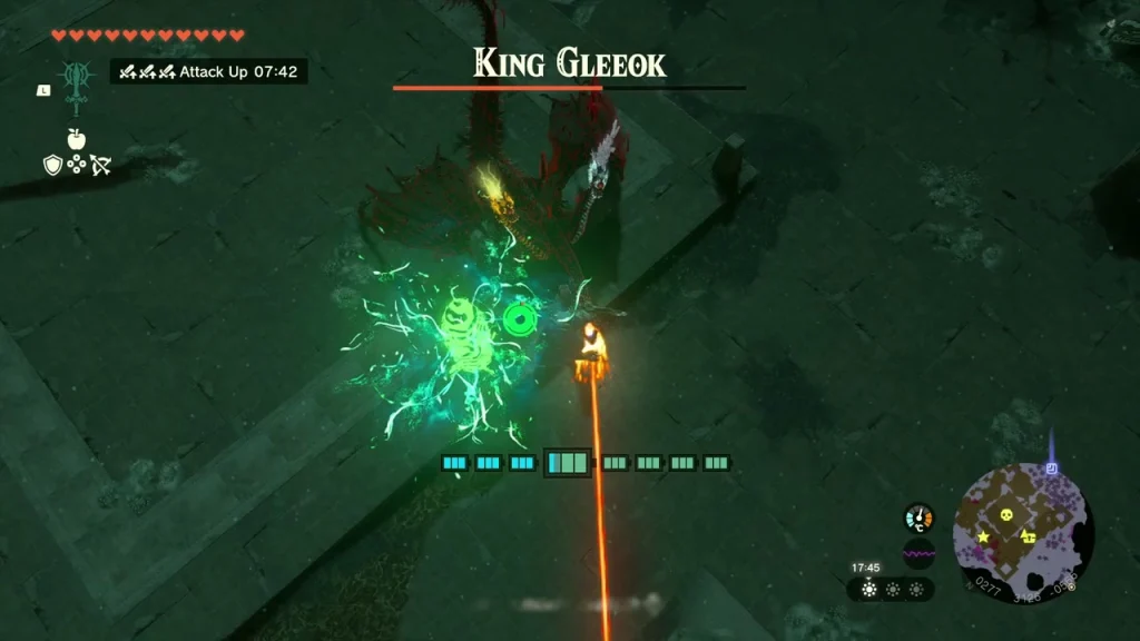 King Gleeok boss bar above the red-wreathed beast in Gleeok Den as a green energy burst hits