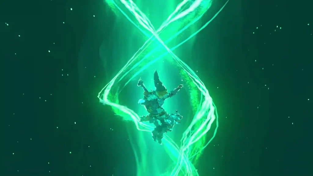Spiral of green light carrying a figure up from the Depths Lighthouse toward the surface