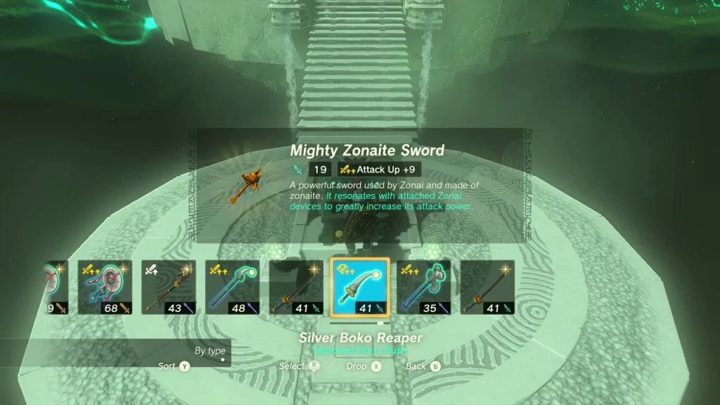 Mighty Zonaite Sword item box on the stone platform beneath the Pupunke Shrine stairs