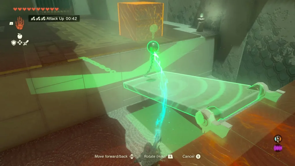 Large stone board lifted over a gap in the first Musanokir Shrine room, glowing green under Ultrahand