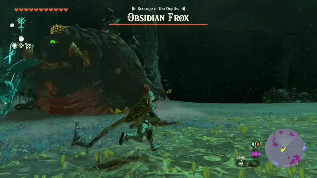 Obsidian Frox boss bar over a huge dark Frox on the Depths floor with a green marker above it
