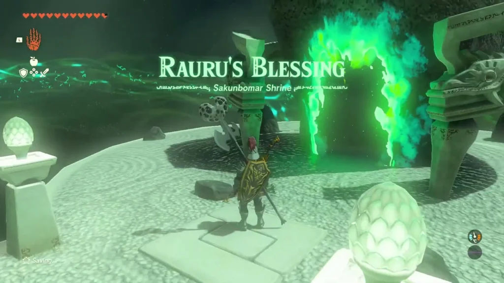 Sakunbomar Shrine green gate and Rauru's Blessing banner on a round stone platform