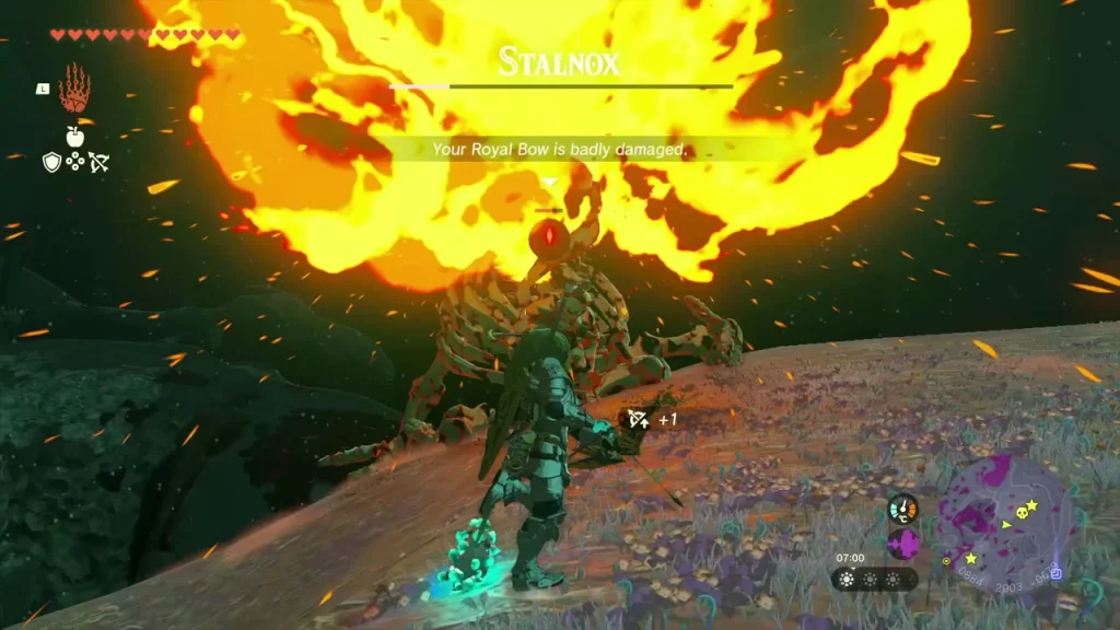 Stalnox boss bar over the skeletal giant as a huge fire explosion fills the Depths cavern