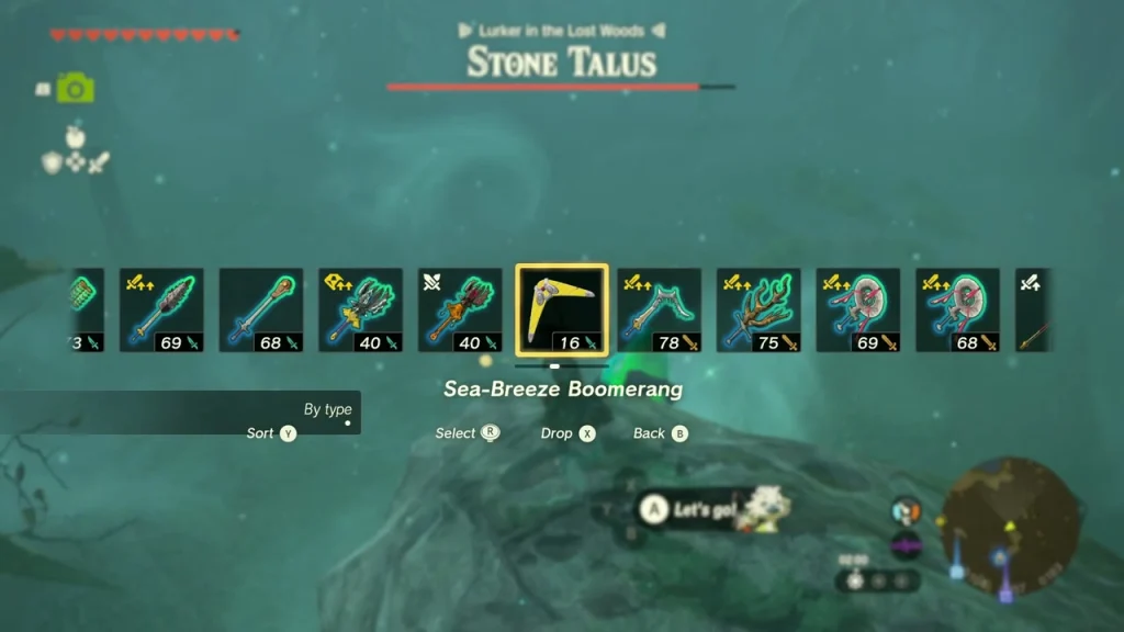 Stone Talus boss bar for the Lurker in the Lost Woods with its green crystal weak point on top