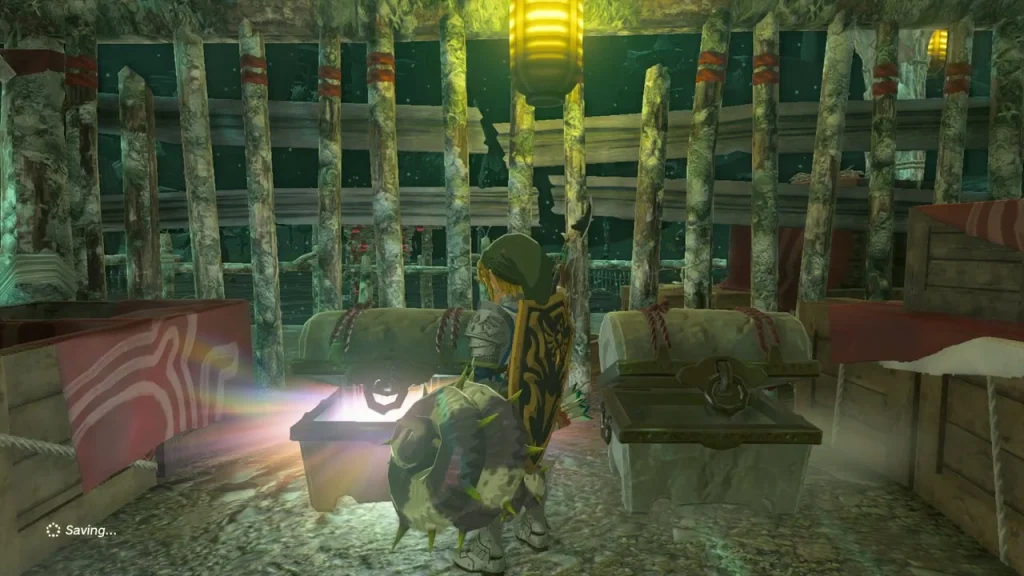 Third Yiga hideout chest glowing open beside a stack of crates