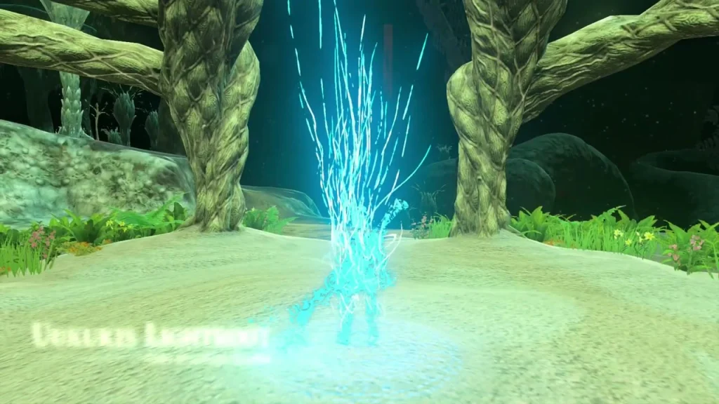 Uukukis Lightroot with its blue light column on a white sand patch between twisted roots