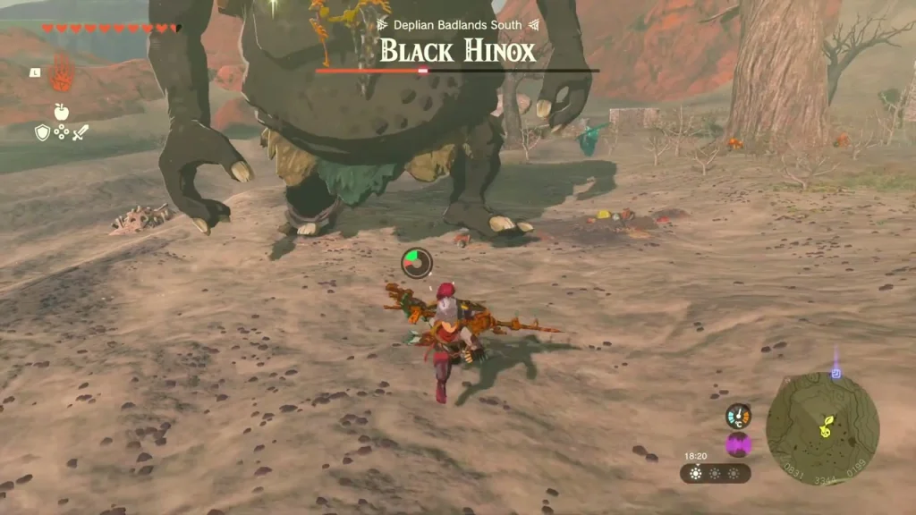 Black Hinox miniboss with its health bar in the Deplian Badlands