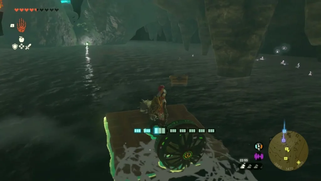 Wooden raft with a fan crossing the dark lake in Elma Knolls Well