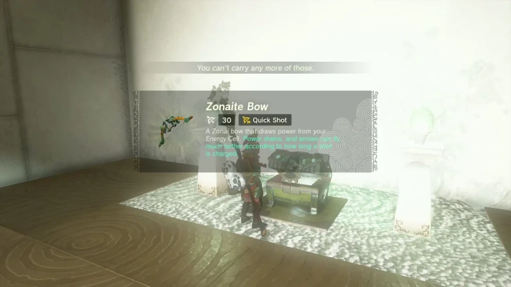 Zonaite Bow in an item box inside Kikakin Shrine