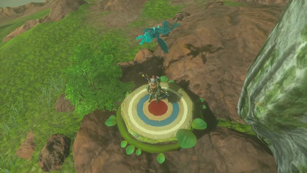Colourful round target ring on a rocky ledge marking a Korok goal