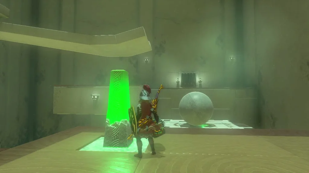 Glowing green pillar controlling the button in Mayak Shrine