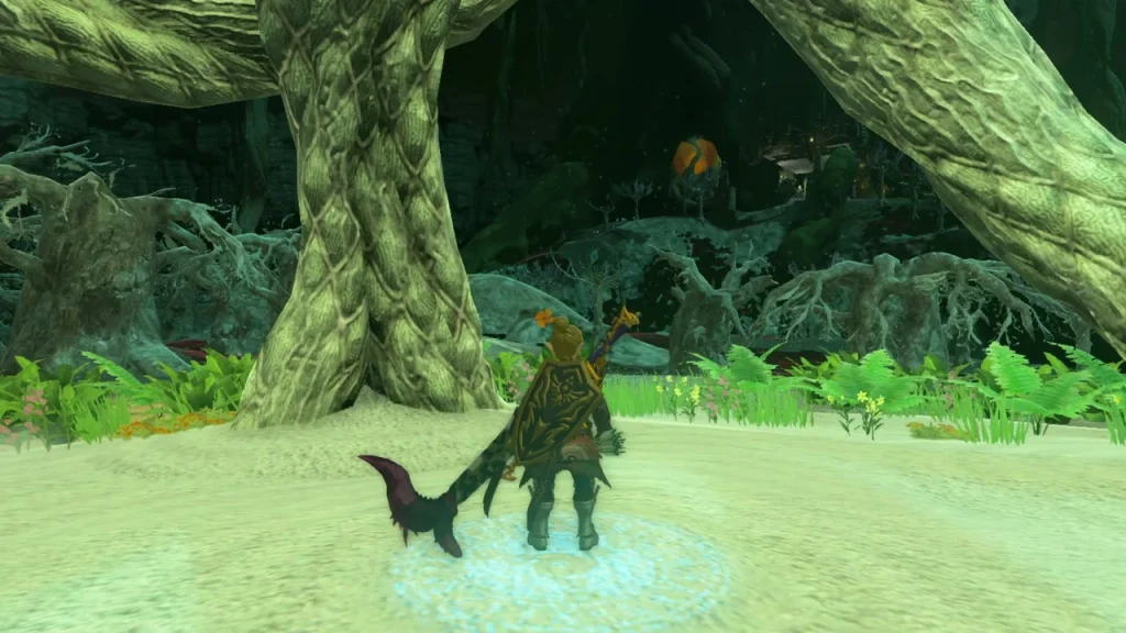 Lightroot pedestal on pale sand under a large root in the Depths