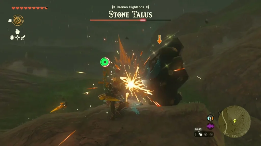 Arrow striking the glowing ore on the Stone Talus