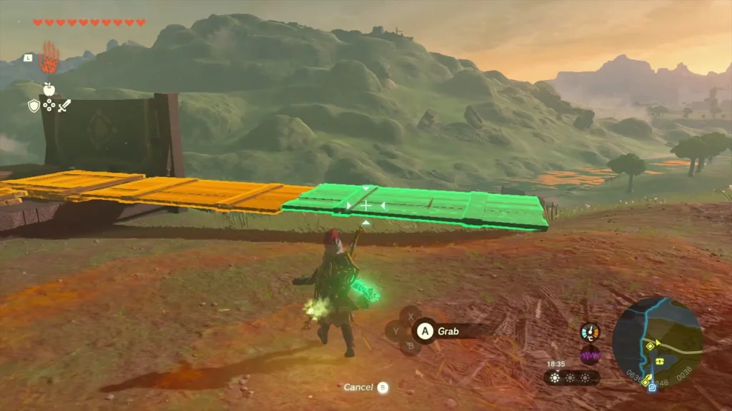 Green-highlighted plank placed over the bog toward the treasure chest