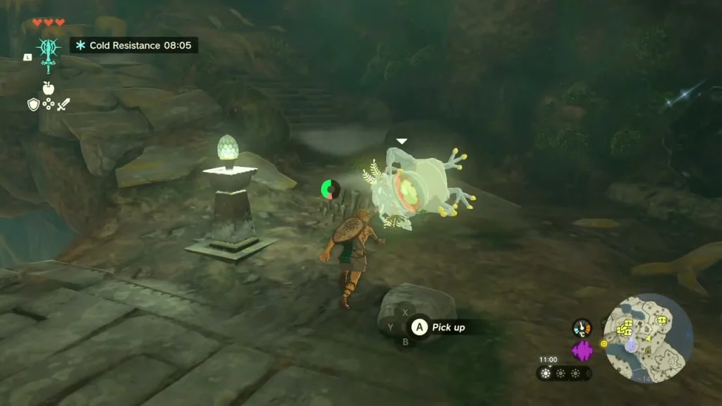 Bubbulfrog beside a glowing pedestal in Bottomless Cave Bubbulfrog beside a glowing pedestal in Bottomless Cave