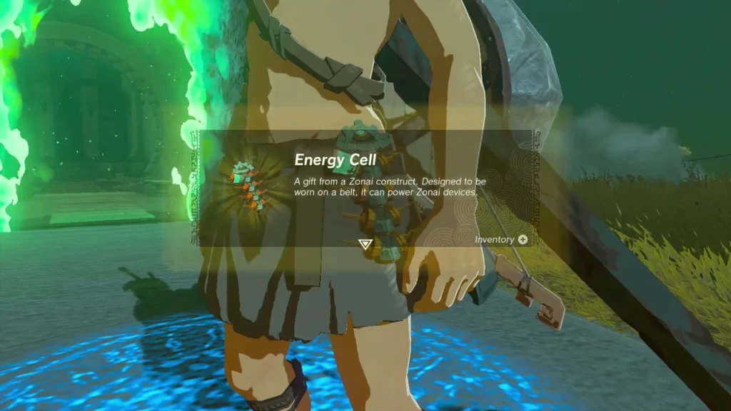 Energy Cell item box held up beside the glowing shrine door Energy Cell item box held up beside the glowing shrine door