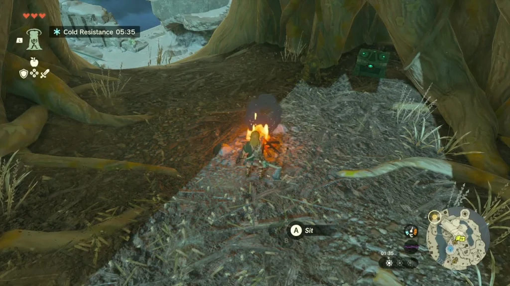 Campfire burning in the hollow stump with a chest behind it Campfire burning in the hollow stump with a chest behind it
