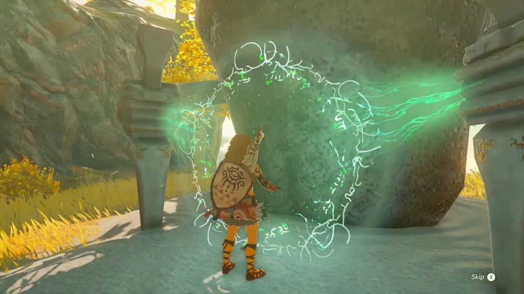 Glowing seal of In-isa Shrine on a large boulder between two pillars Glowing seal of In-isa Shrine on a large boulder between two pillars