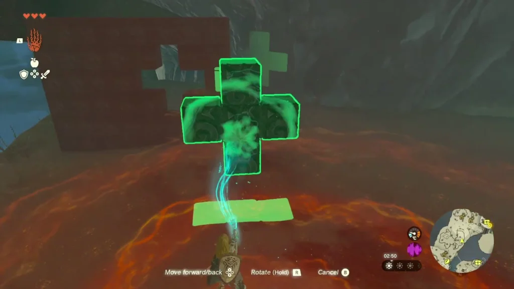 Glowing cross-shaped block lifted toward the hole in the wall Glowing cross-shaped block lifted toward the hole in the wall