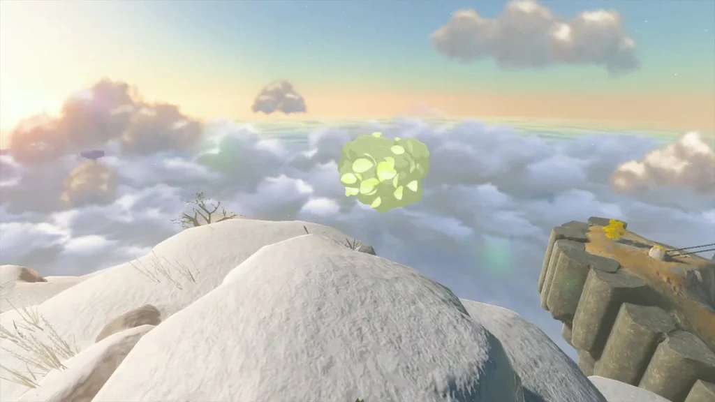 Green leaf burst over the cloud sea as the Korok appears on the snowy boulder Green leaf burst over the cloud sea as the Korok appears on the snowy boulder