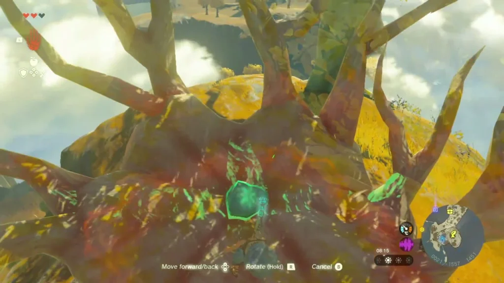 Rock glowing green in the treetop branches while held with Ultrahand Rock glowing green in the treetop branches while held with Ultrahand