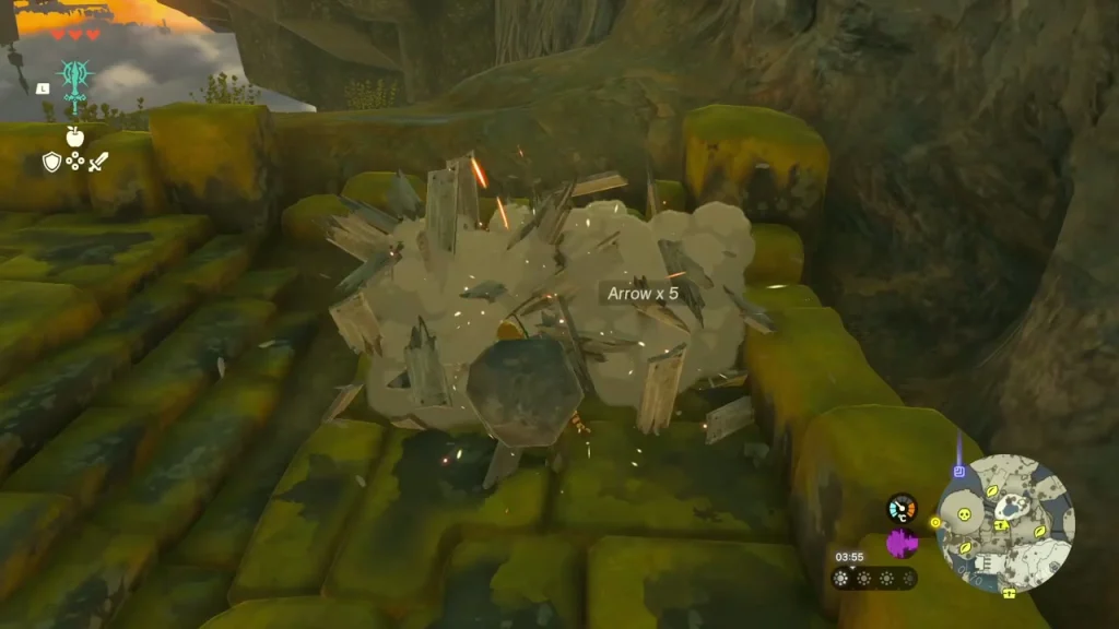 Smashed crate scattering arrows inside the mossy ruin Smashed crate scattering arrows inside the mossy ruin