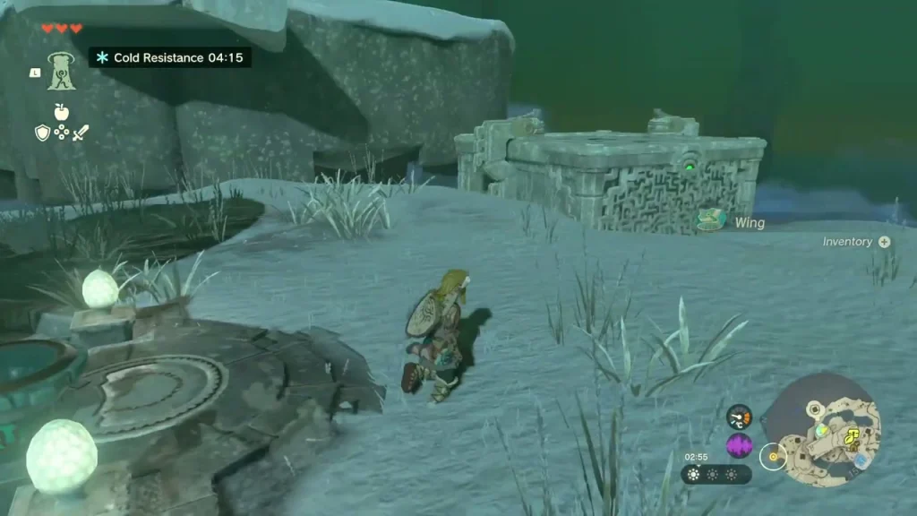 Snowy ruin wall beside the dispenser with a Wing capsule ready to pick up Snowy ruin wall beside the dispenser with a Wing capsule ready to pick up
