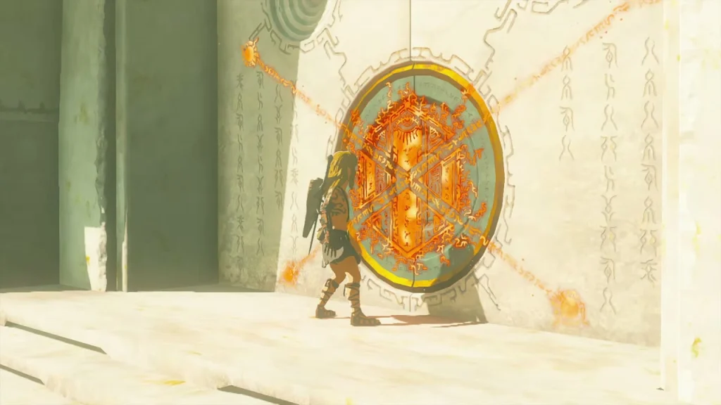 Round sealed door of the Temple of Time glowing orange Round sealed door of the Temple of Time glowing orange